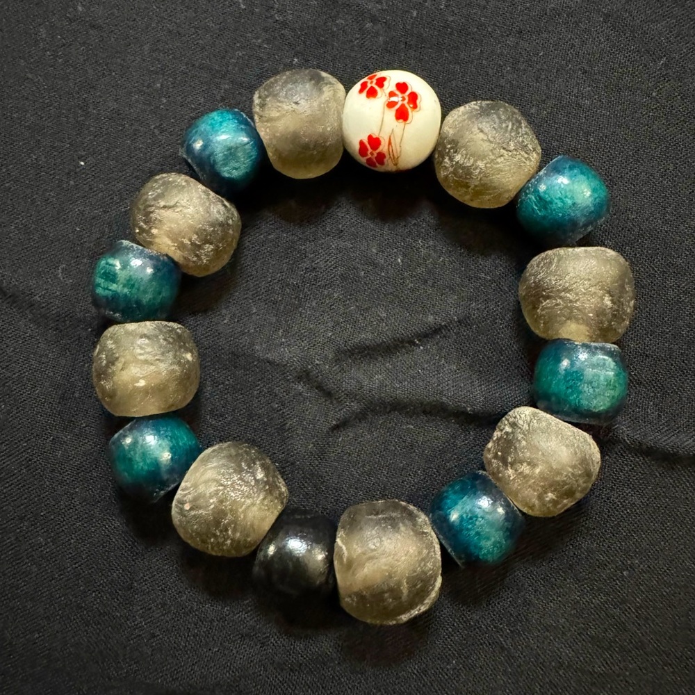 JUNGLE HIPPIE BRACELET - handmade sea glass, wood, ceramic - one of a kind